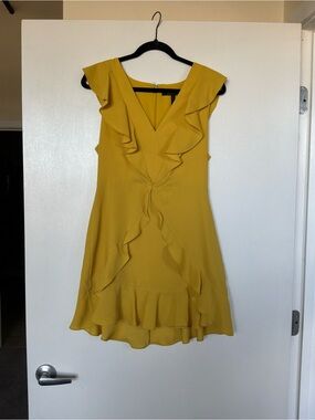 BCBGMaxAzria Mustard Ruffle V-Neck Mini Dress
